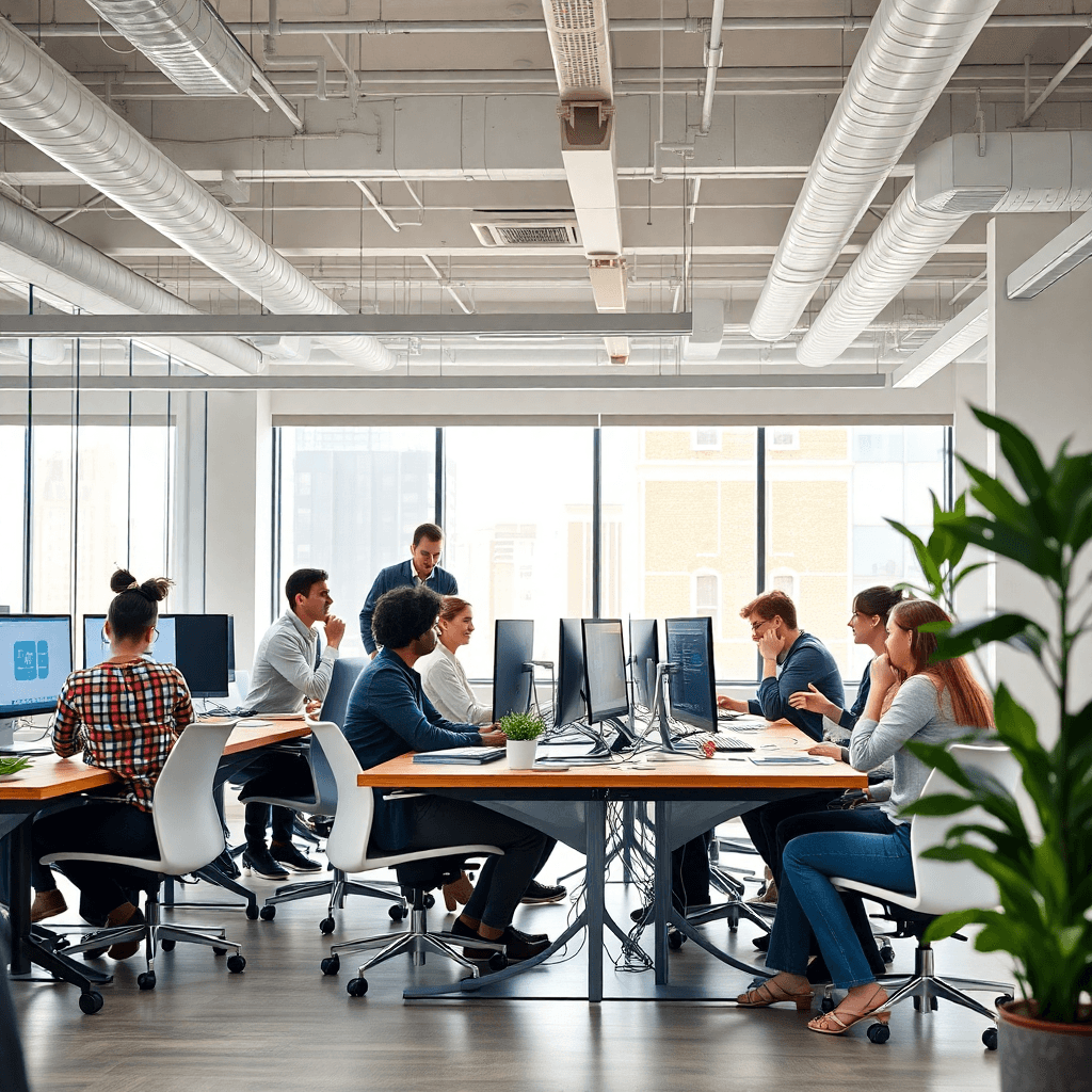 modern office space with diverse team collaborating on software development, bright and innovative workspace